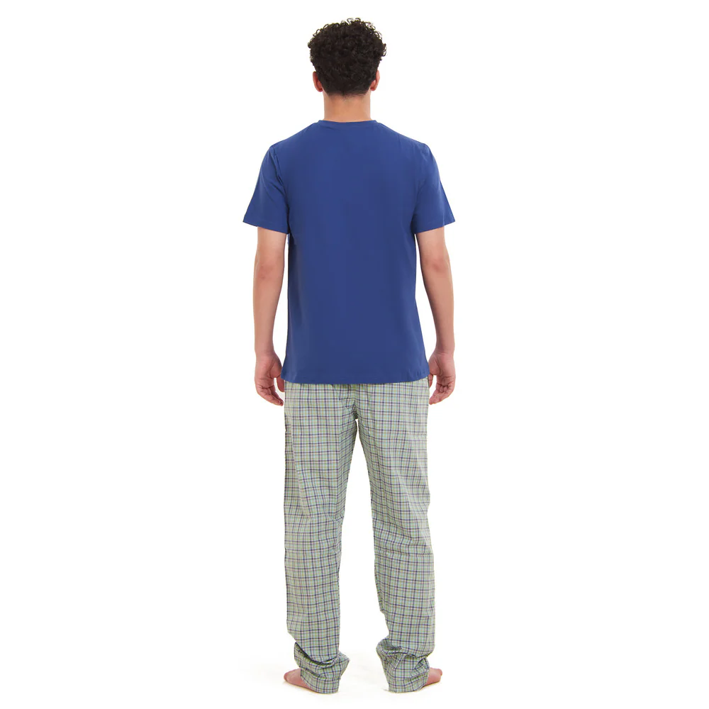 Men summer pajama set  Indigo T-shirt + Olive x Indigo Checkered Pants - Image 4