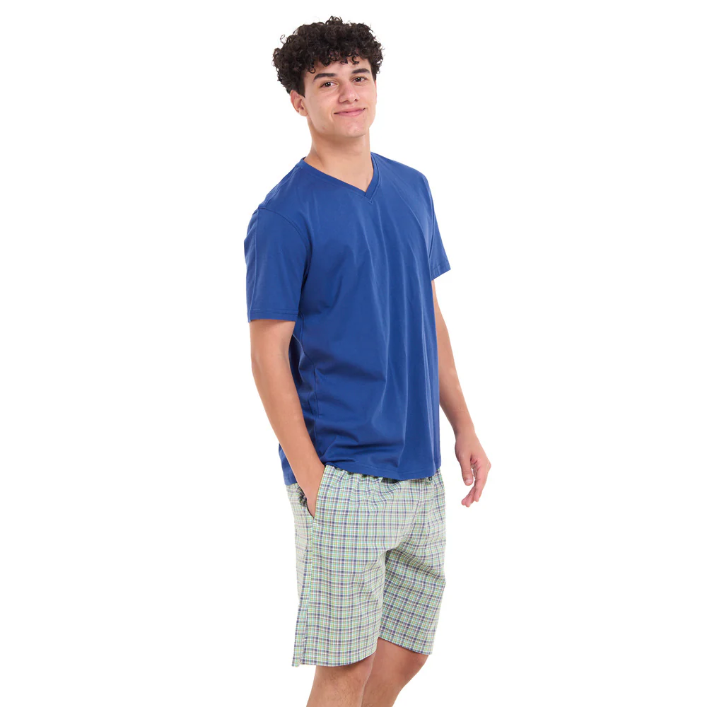 Men summer pajama set Indigo T-shirt + Olive x Indigo Checkered Shorts - Image 2