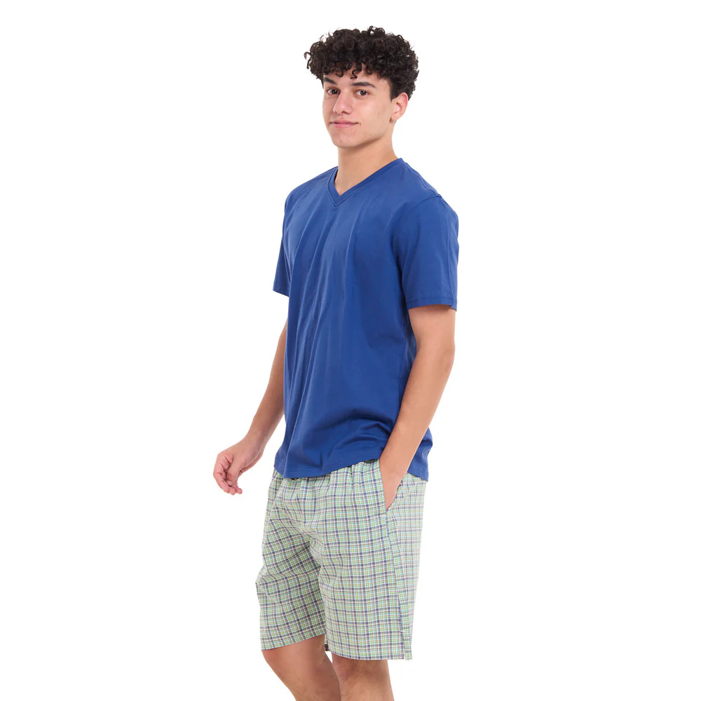 Men summer pajama set Indigo T-shirt + Olive x Indigo Checkered Shorts - Image 3