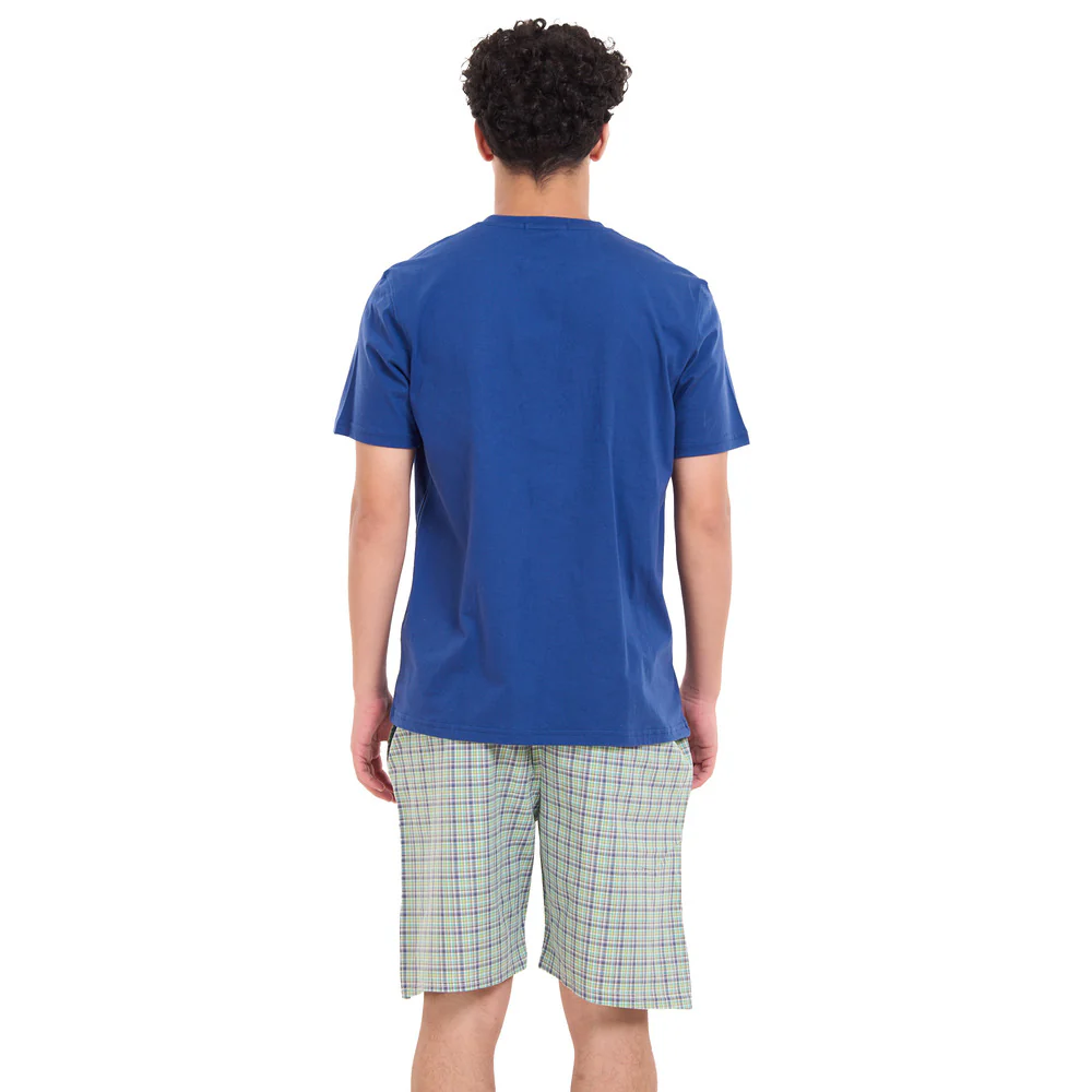Men summer pajama set Indigo T-shirt + Olive x Indigo Checkered Shorts - Image 4
