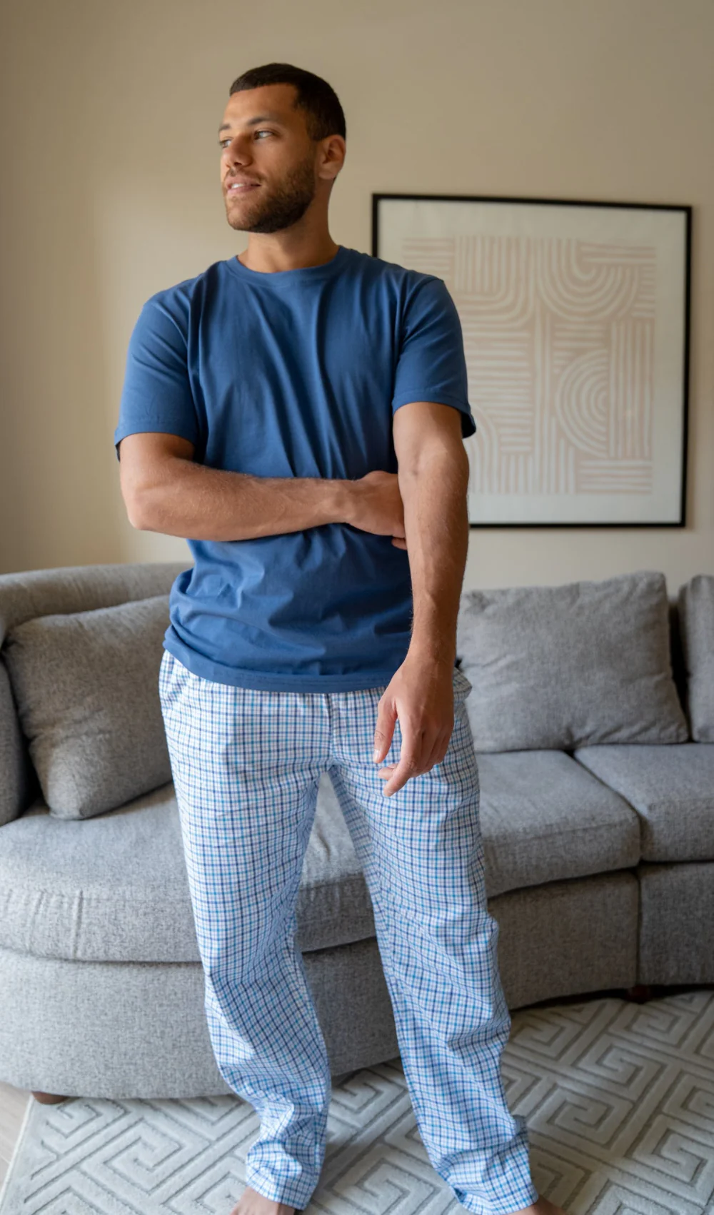 Men summer pajama set Indigo T-shirt + Sky blue X Navy Checkered Pants - Image 2