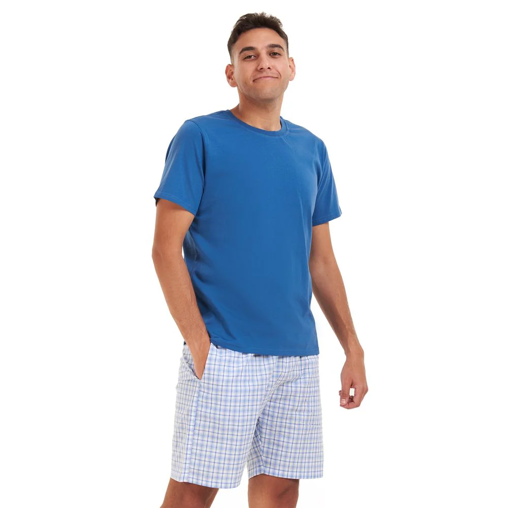 Men summer pajama set Indigo T-shirt + White x blue checkered short - Image 2