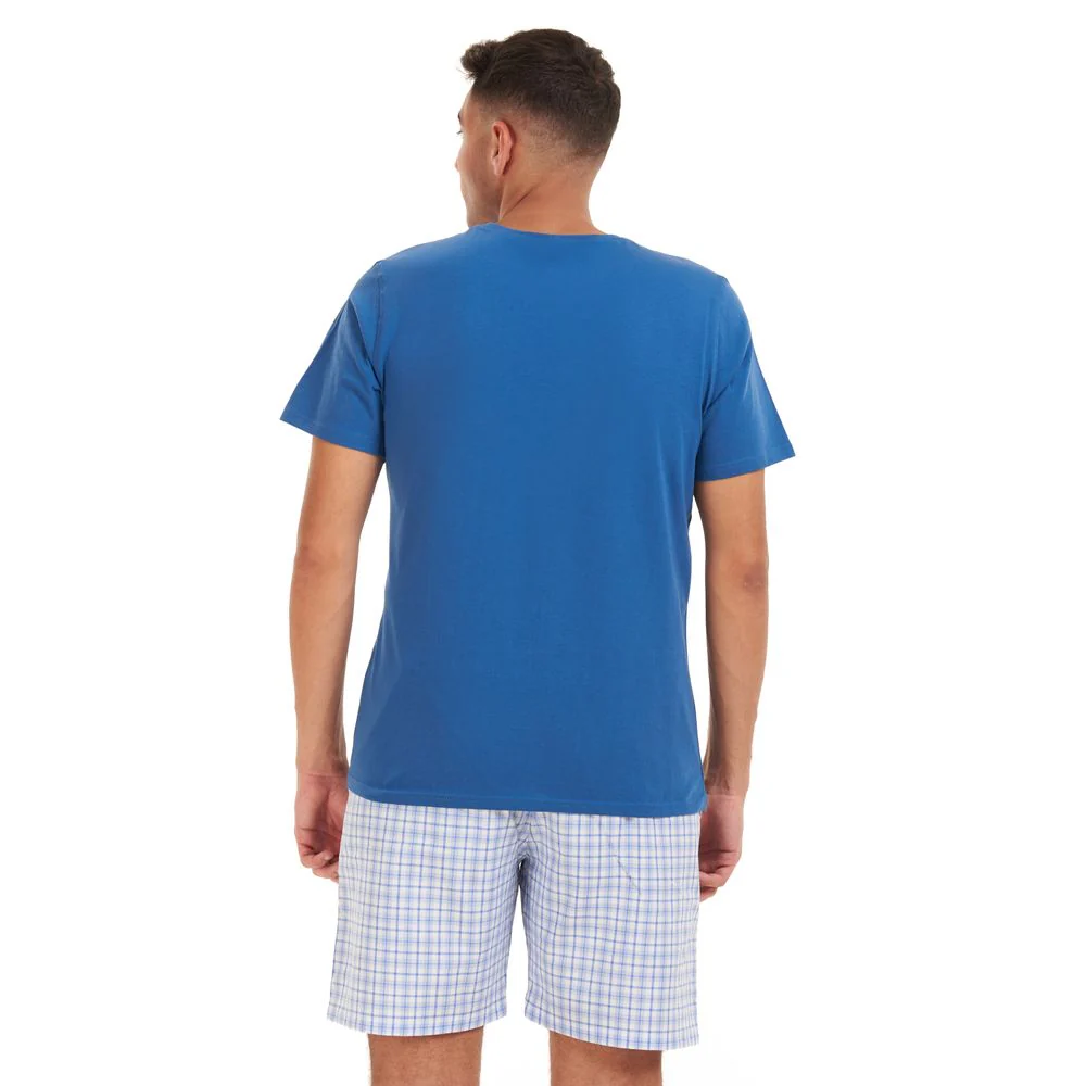 Men summer pajama set Indigo T-shirt + White x blue checkered short - Image 3