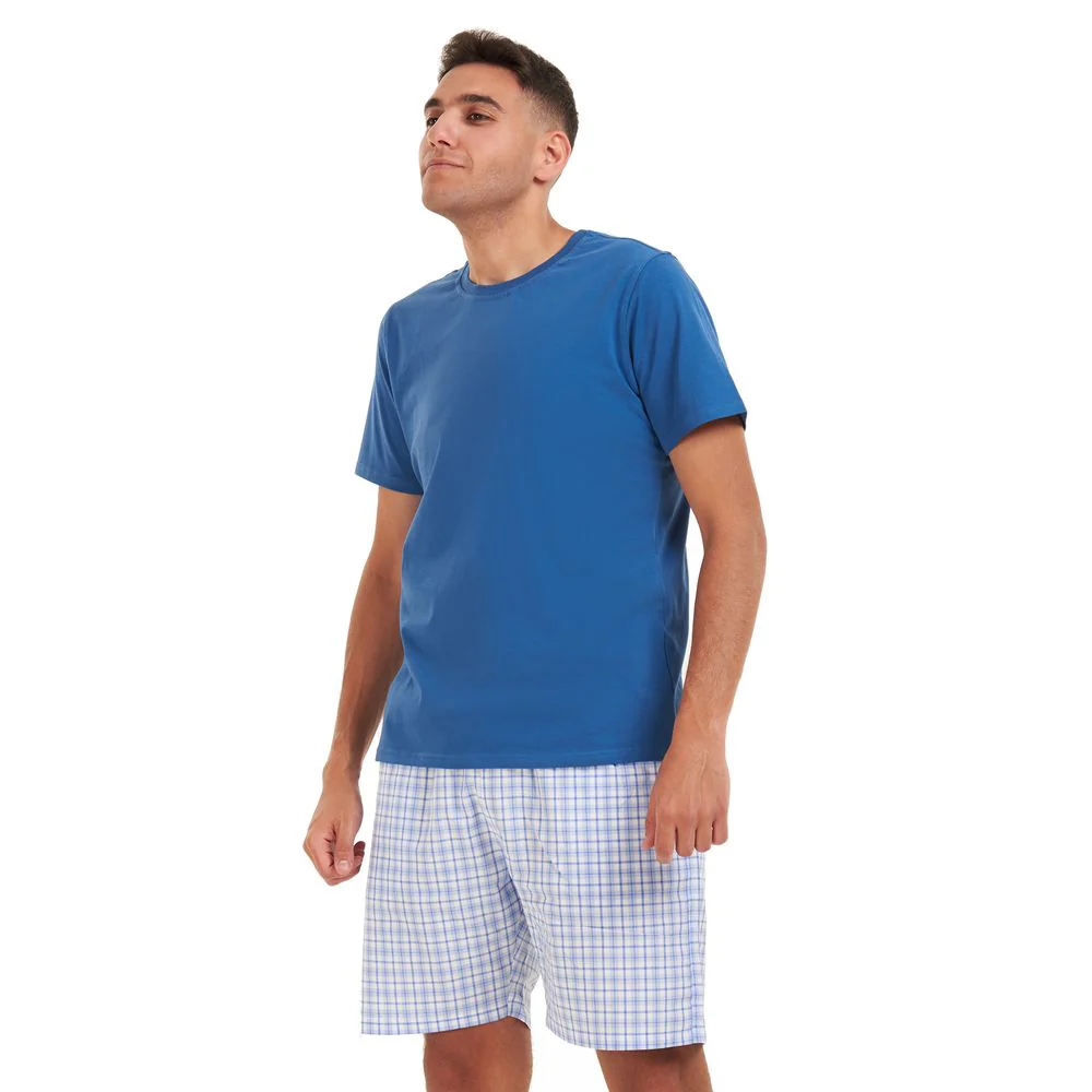 Men summer pajama set Indigo T-shirt + White x blue checkered short - Image 4