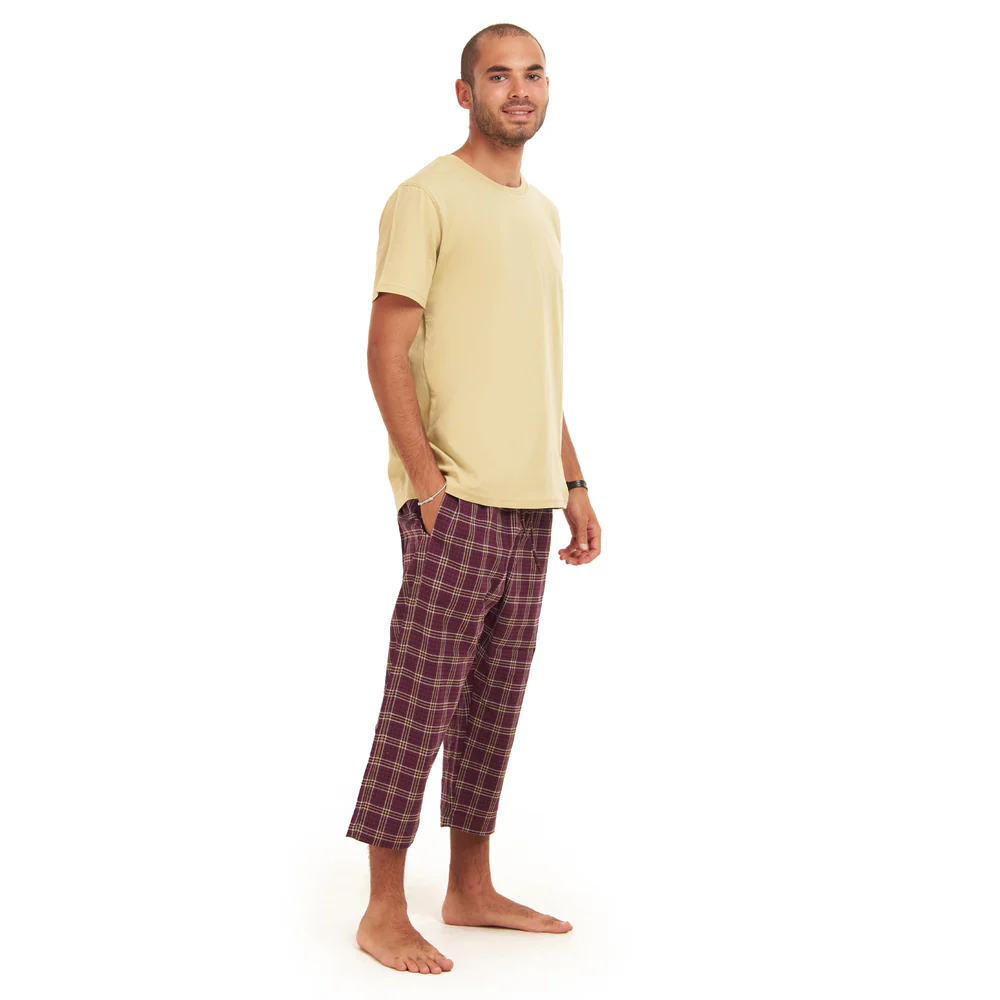 Men summer pajama set  Khaki T-shirt +Maroon Checkered Pantacor - Image 2