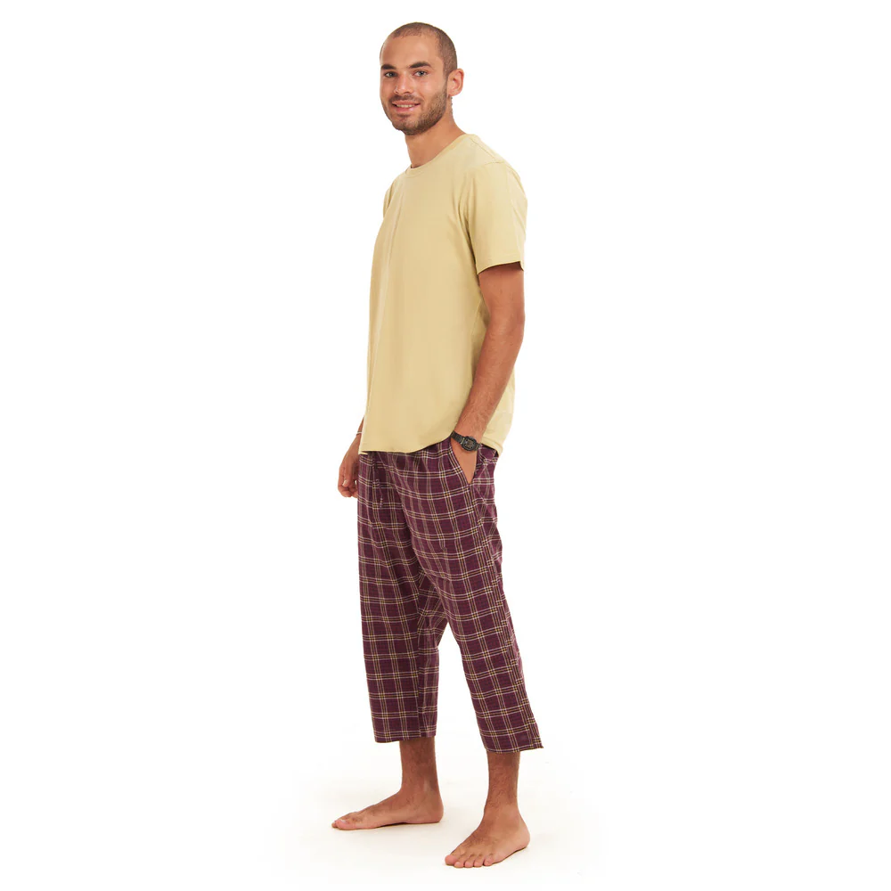 Men summer pajama set  Khaki T-shirt +Maroon Checkered Pantacor - Image 3
