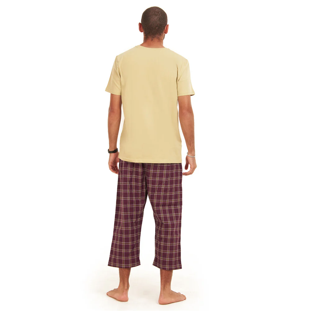 Men summer pajama set  Khaki T-shirt +Maroon Checkered Pantacor - Image 4