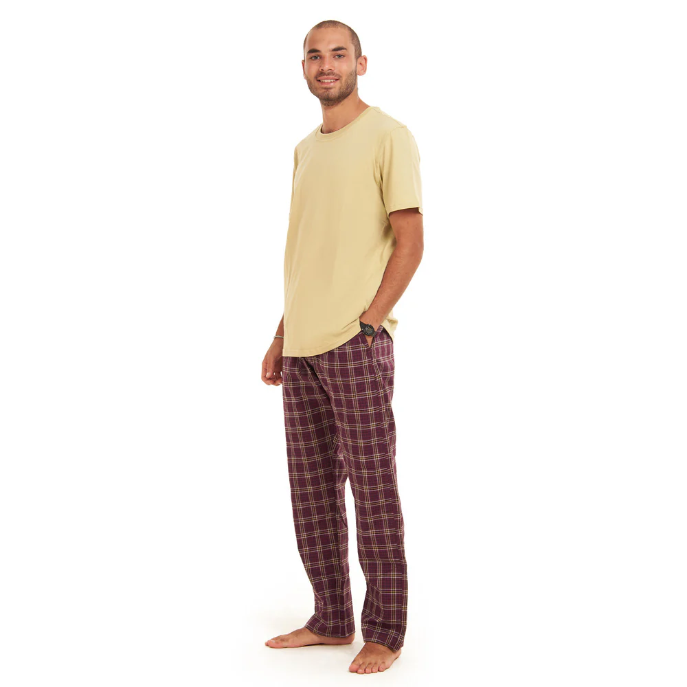 Men summer pajama set  khaki T-shirt + Maroon Checkered Pants - Image 2