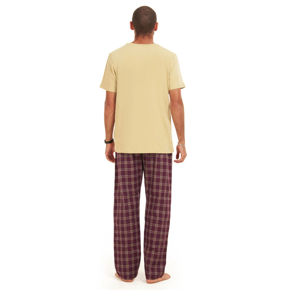 Men summer pajama set  khaki T-shirt + Maroon Checkered Pants - Image 3