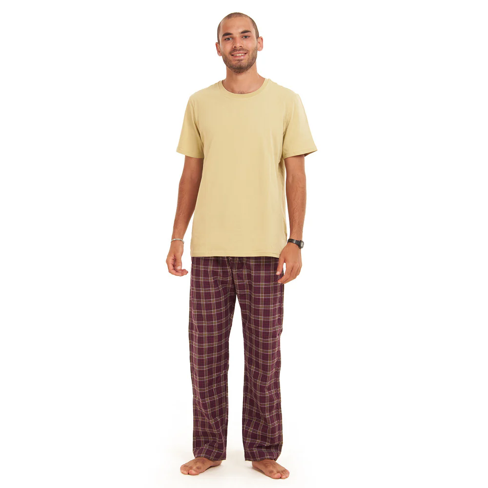 Men summer pajama set  khaki T-shirt + Maroon Checkered Pants - Image 4