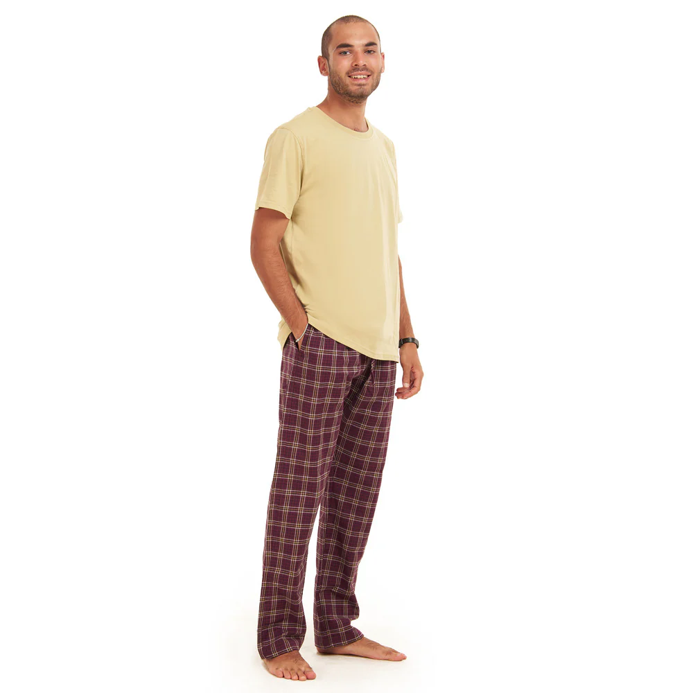 Men summer pajama set  khaki T-shirt + Maroon Checkered Pants - Image 5