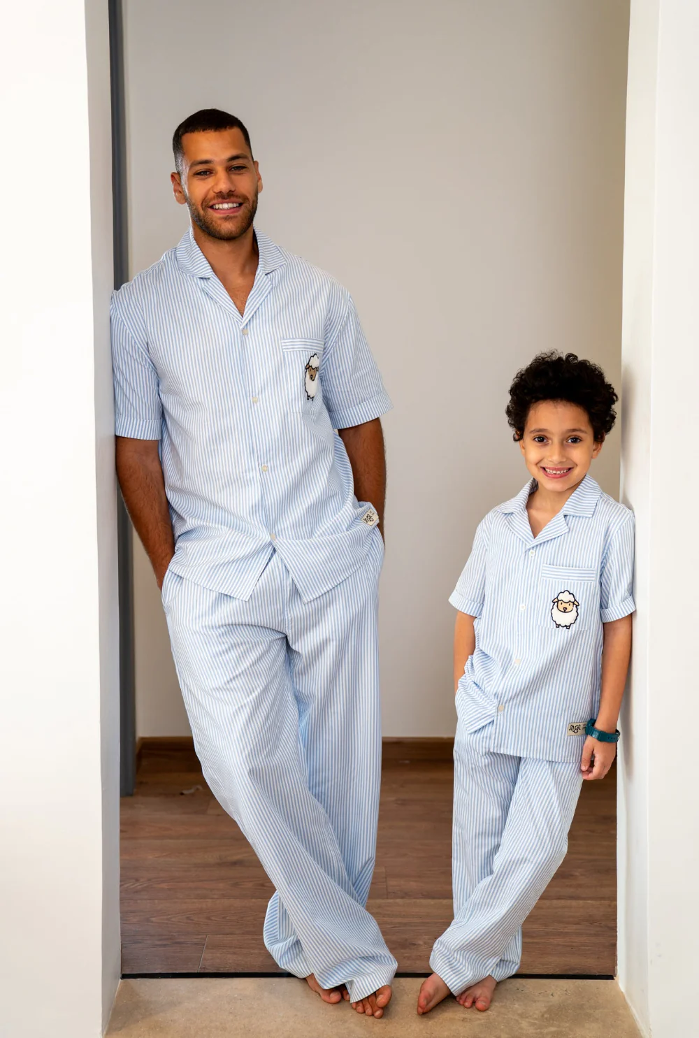 Men Summer Sheep PJ Set Light Blue Striped Buttoned Shirt + Pants - Image 3