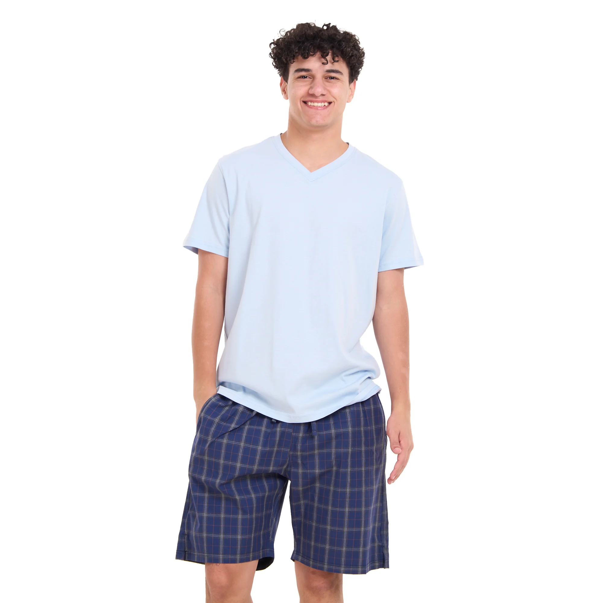 Men summer pajama set Light blue T-shirt +Dark Blue x Grey Checkered shorts