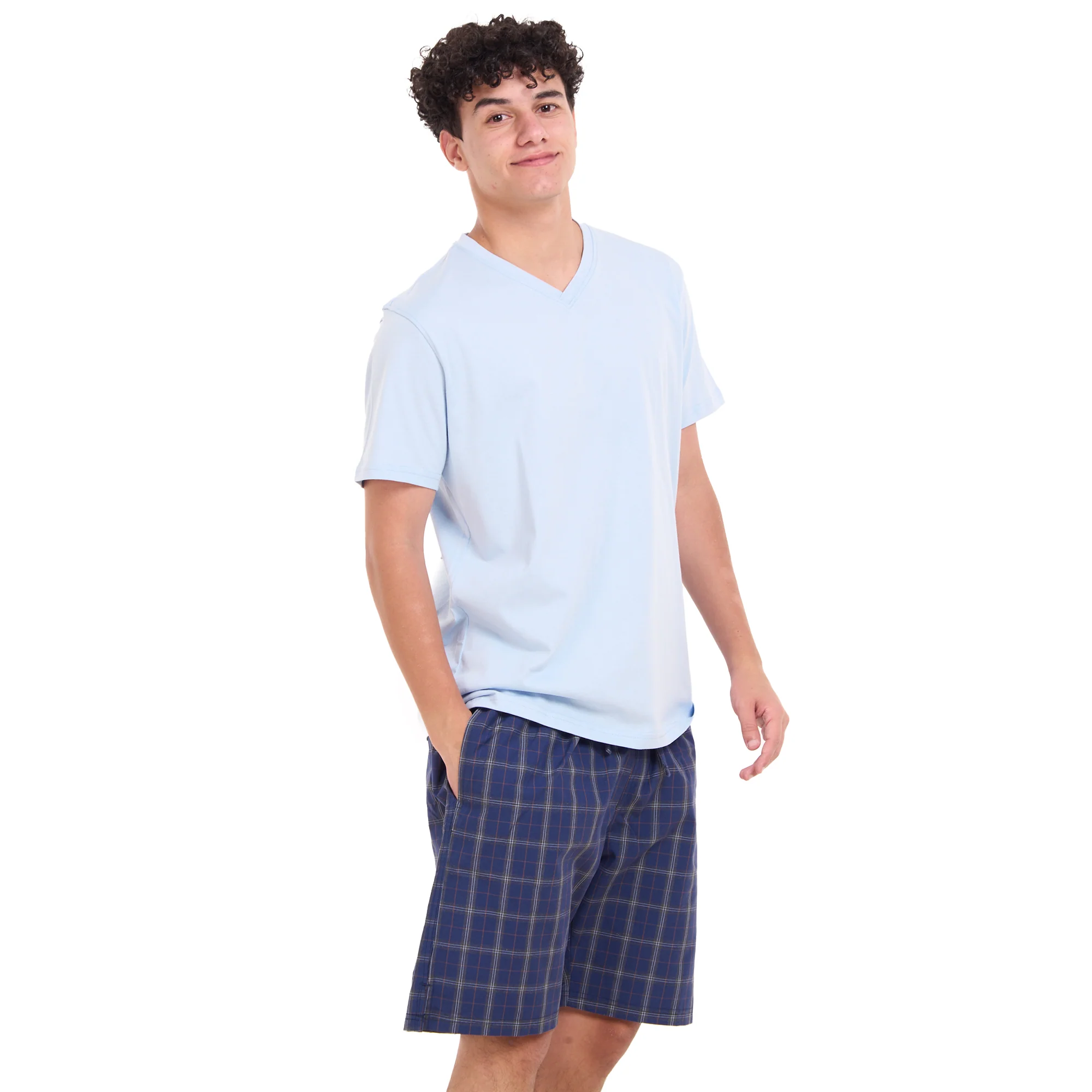 Men summer pajama set Light blue T-shirt +Dark Blue x Grey Checkered shorts - Image 2