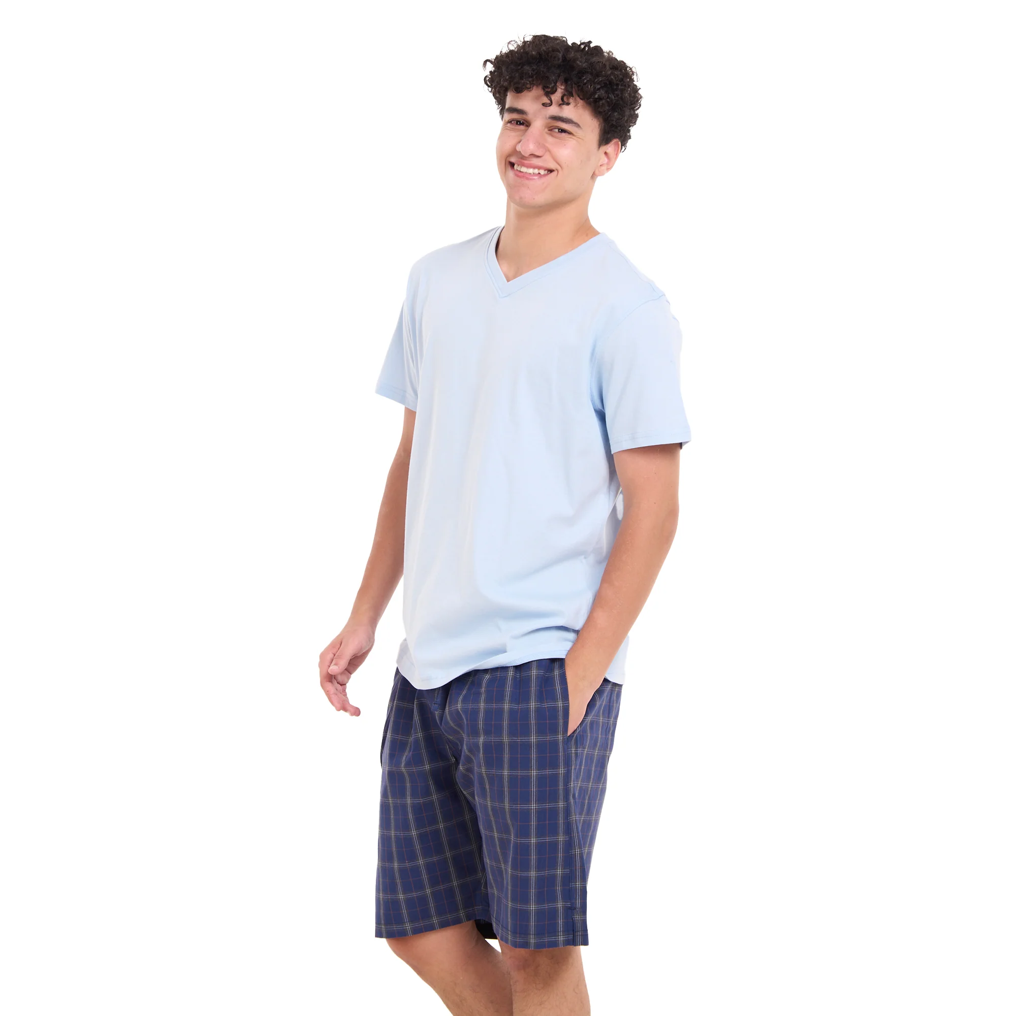 Men summer pajama set Light blue T-shirt +Dark Blue x Grey Checkered shorts - Image 3