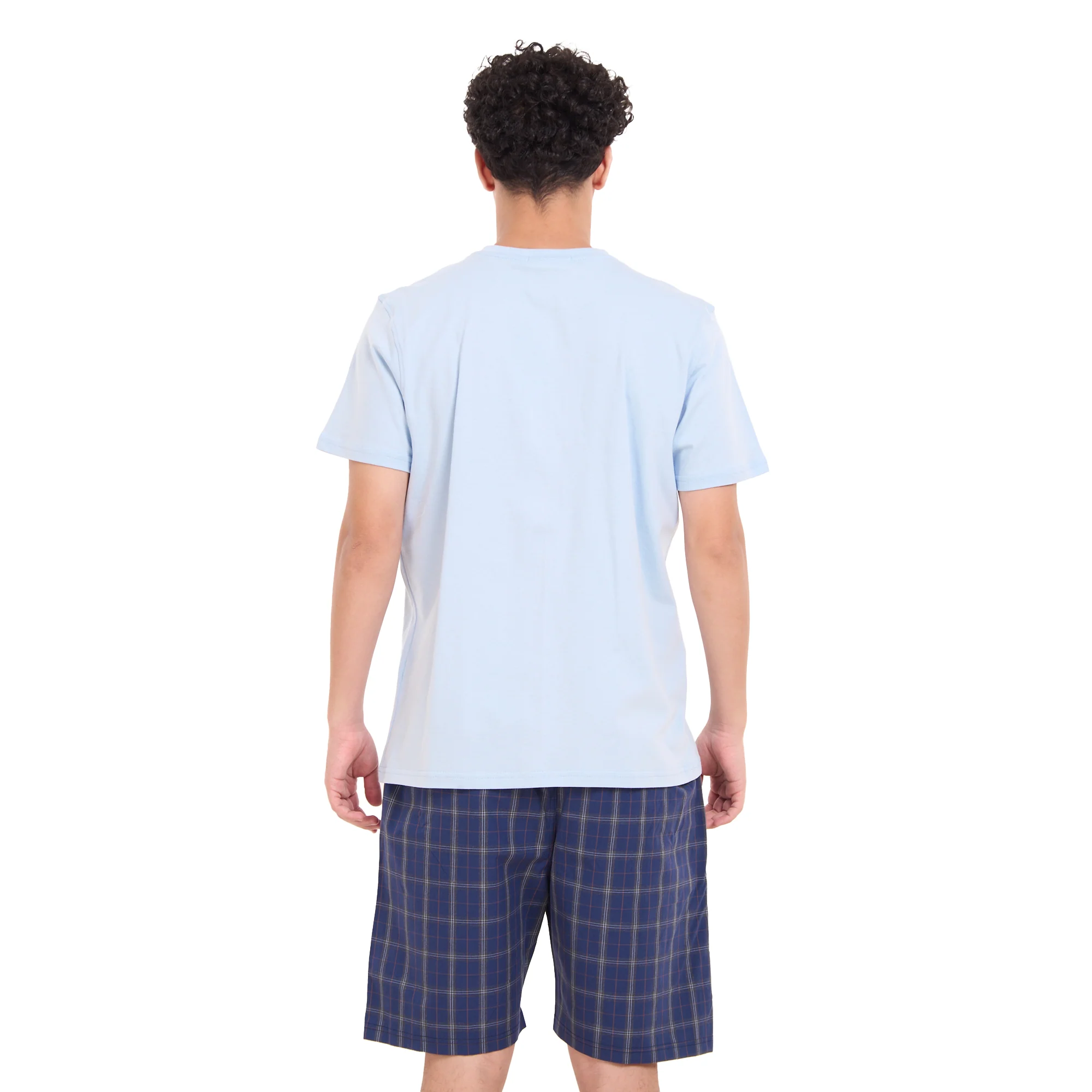 Men summer pajama set Light blue T-shirt +Dark Blue x Grey Checkered shorts - Image 4