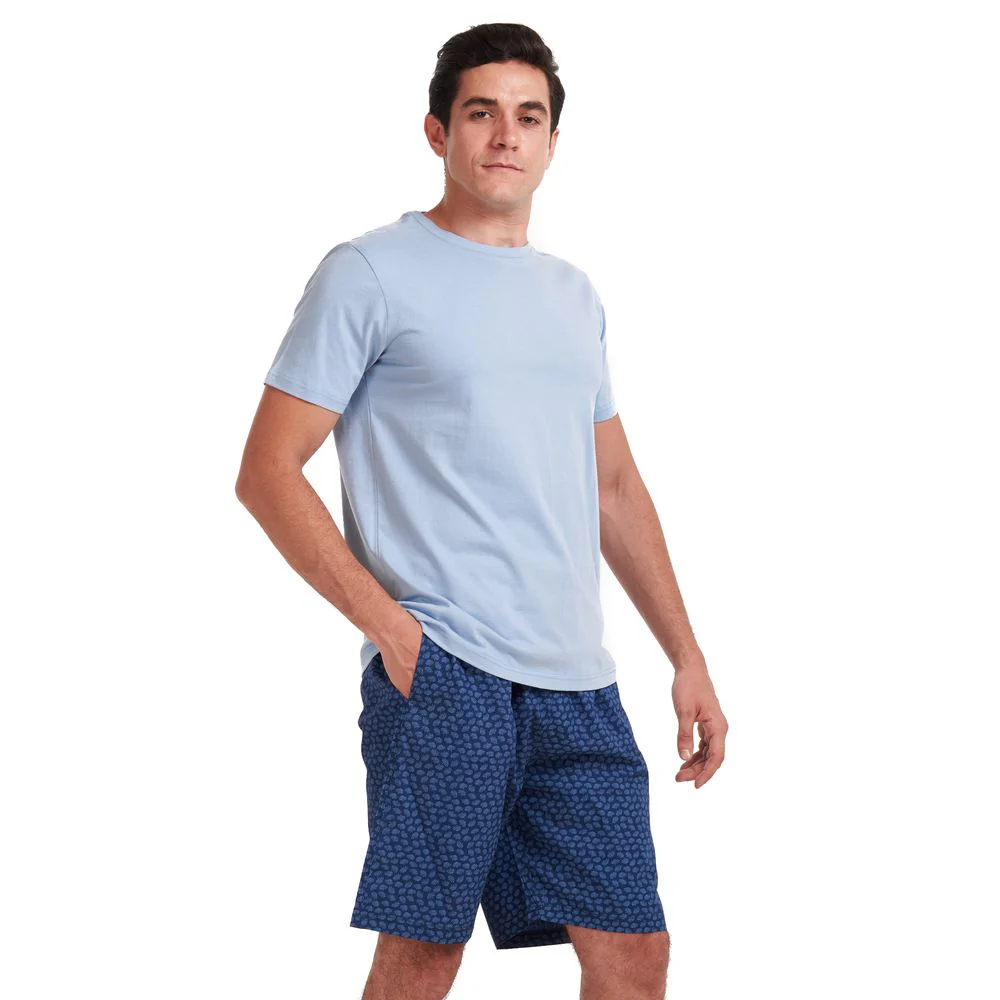 Men summer pajama set Light blue T-shirt +Blue leaves shorts - Image 2