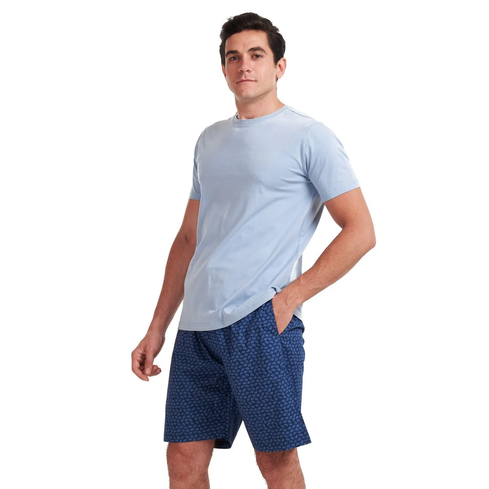 Men summer pajama set Light blue T-shirt +Blue leaves shorts - Image 3