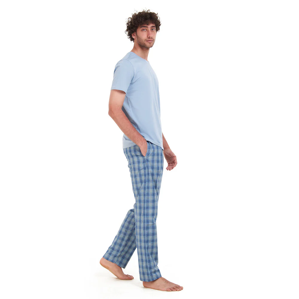 Men summer pajama set Light blue T-shirt + Blue x lime checkered pants - Image 2