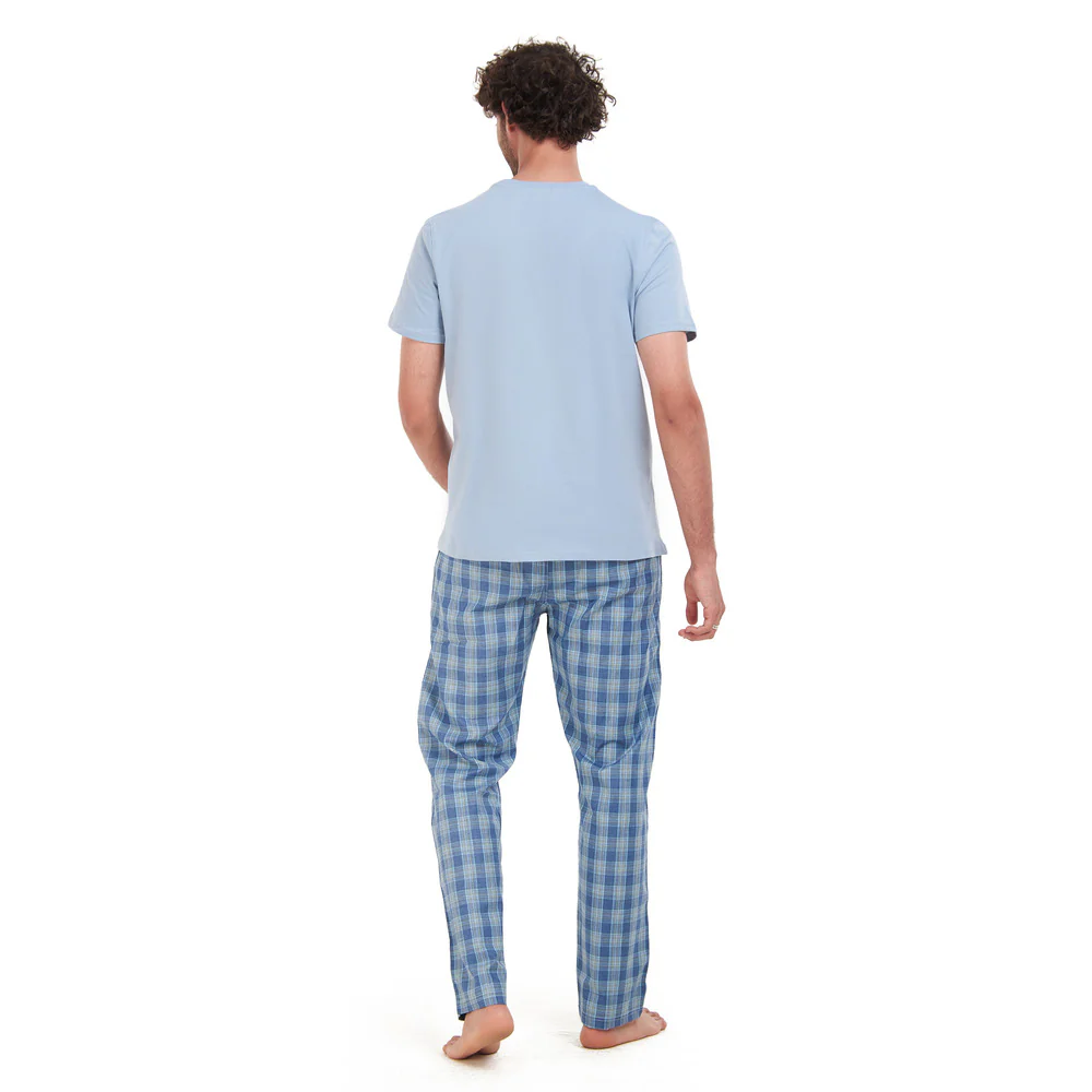 Men summer pajama set Light blue T-shirt + Blue x lime checkered pants - Image 3