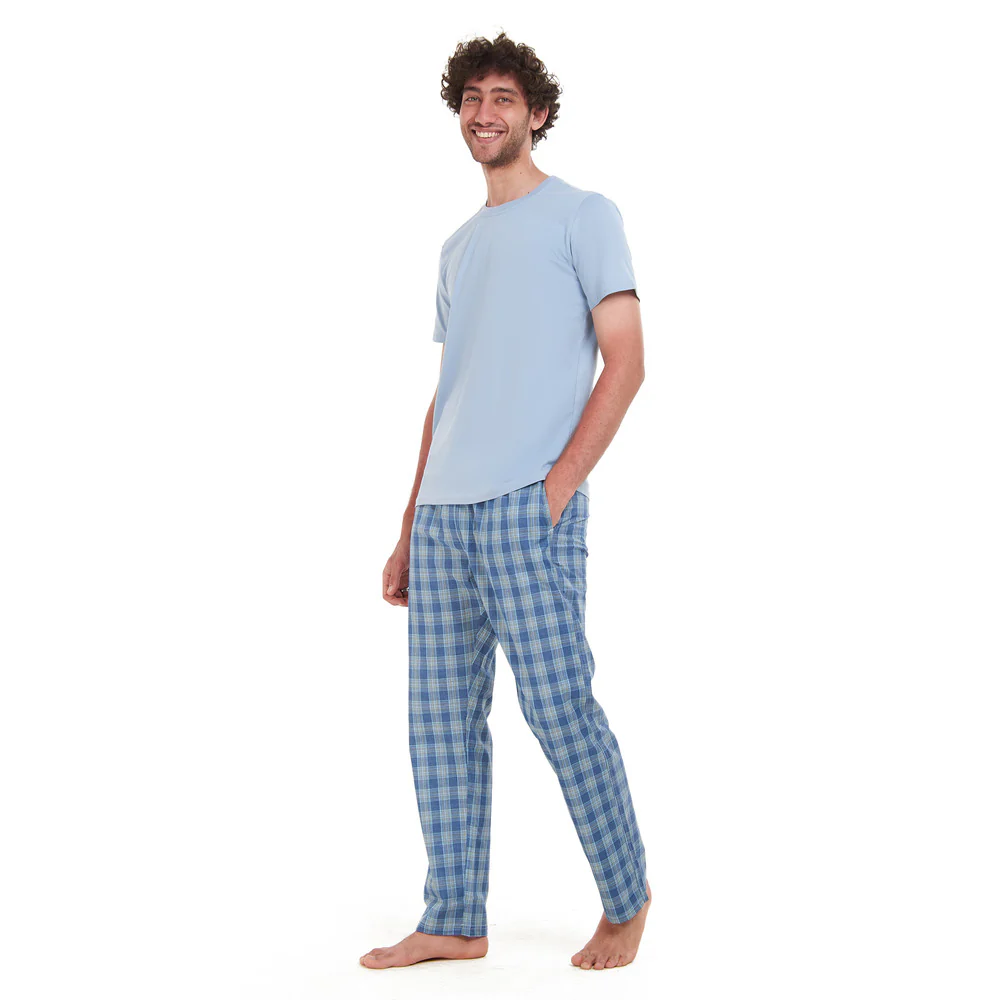 Men summer pajama set Light blue T-shirt + Blue x lime checkered pants - Image 4