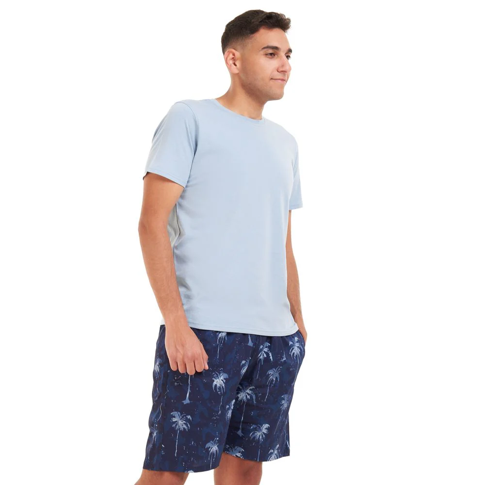 Men summer pajama set Light blue T-shirt + Dark blue Palm short - Image 2