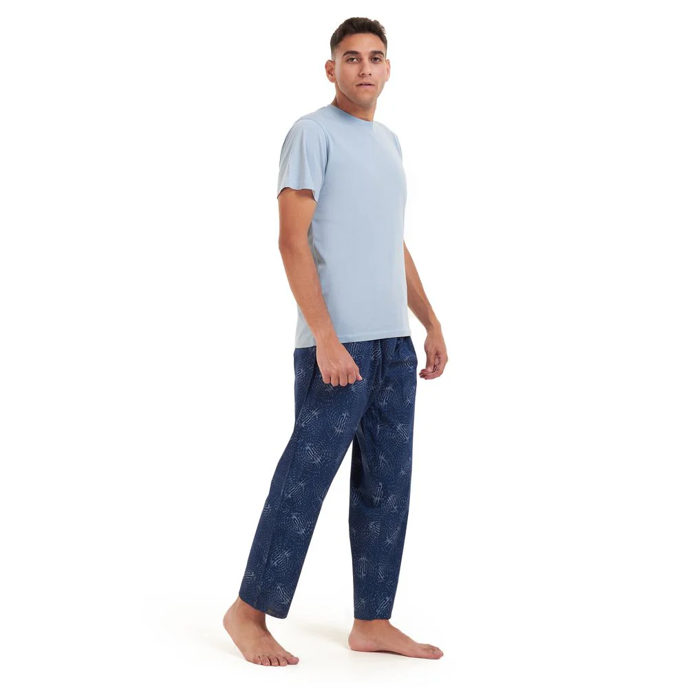 Men summer pajama set Light blue t-shirt +Dark blue x aqua lines Pants - Image 3