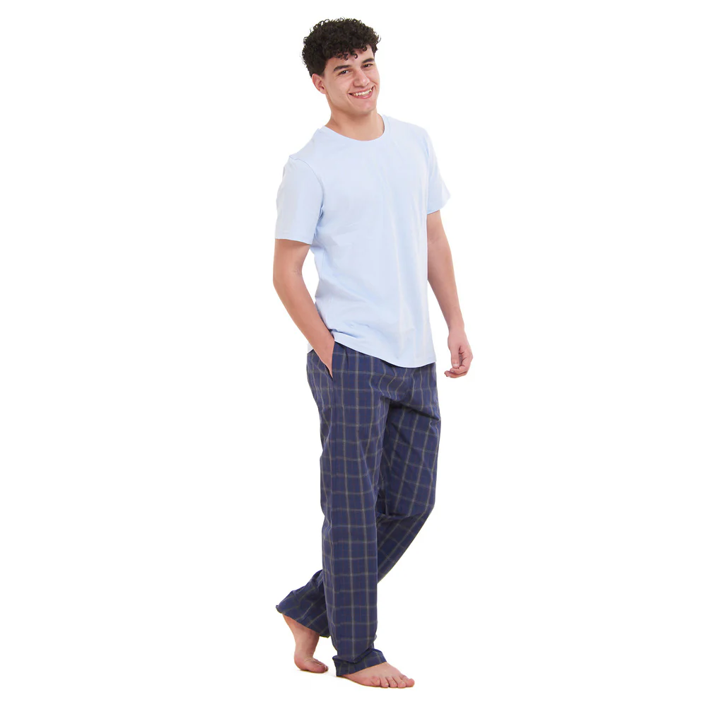 Men summer pajama set  Light Blue T-shirt + Dark Blue x Grey Checkered Pants - Image 2