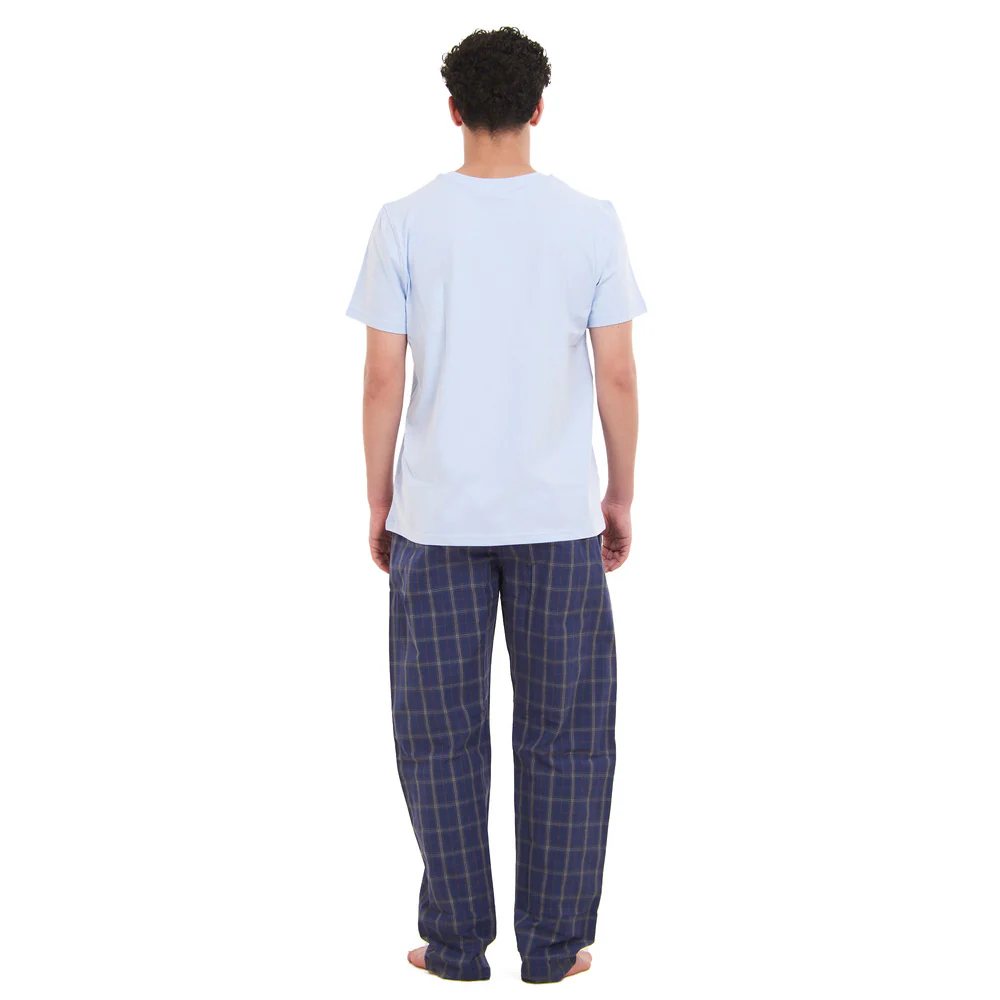 Men summer pajama set  Light Blue T-shirt + Dark Blue x Grey Checkered Pants - Image 3