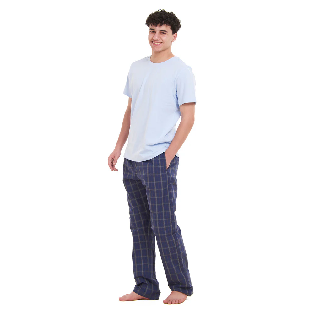 Men summer pajama set  Light Blue T-shirt + Dark Blue x Grey Checkered Pants - Image 4
