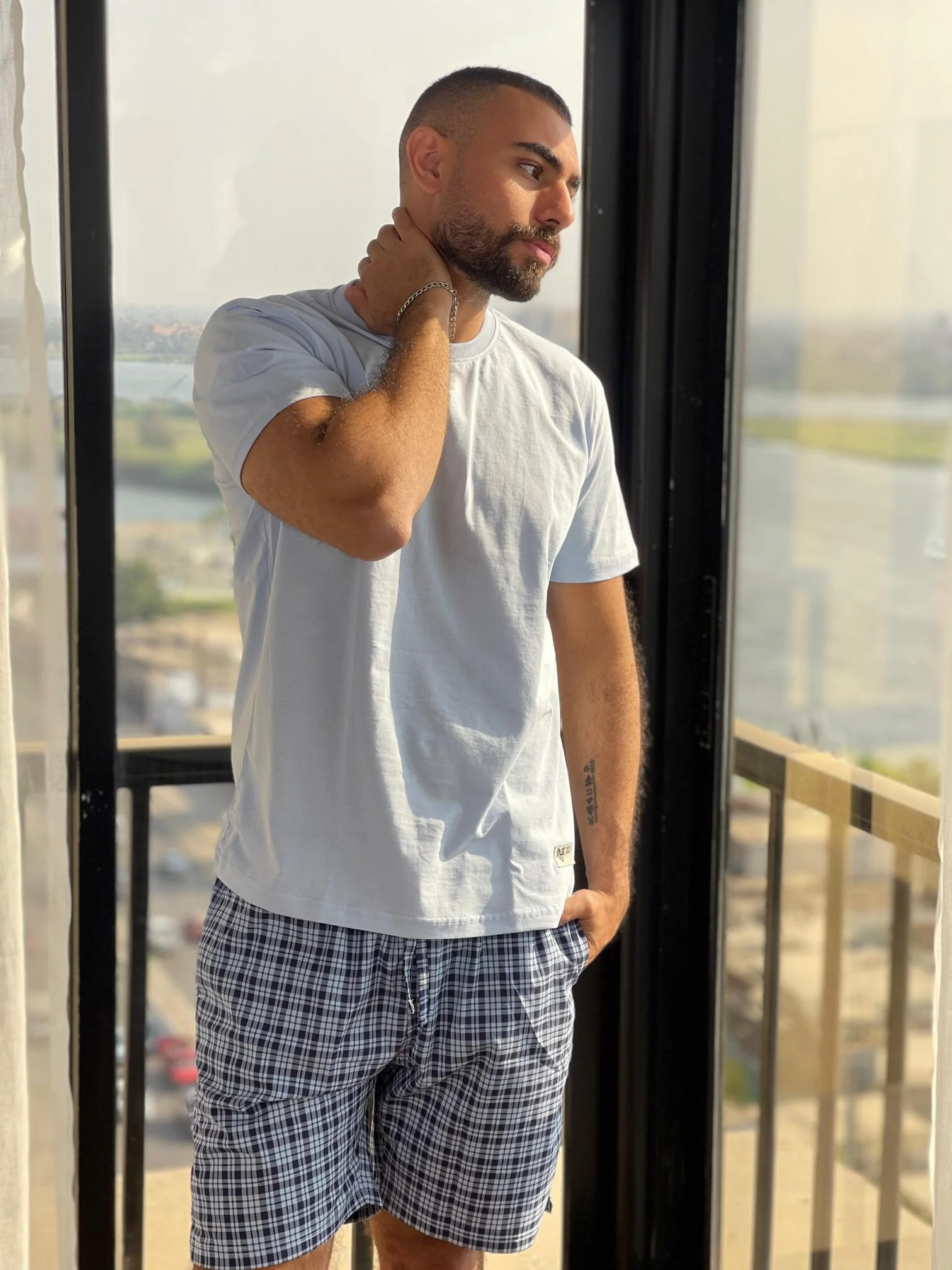 Men summer pajama set Light Blue T-shirt + Dark Blue X Light Blue Checkered Short - Image 2