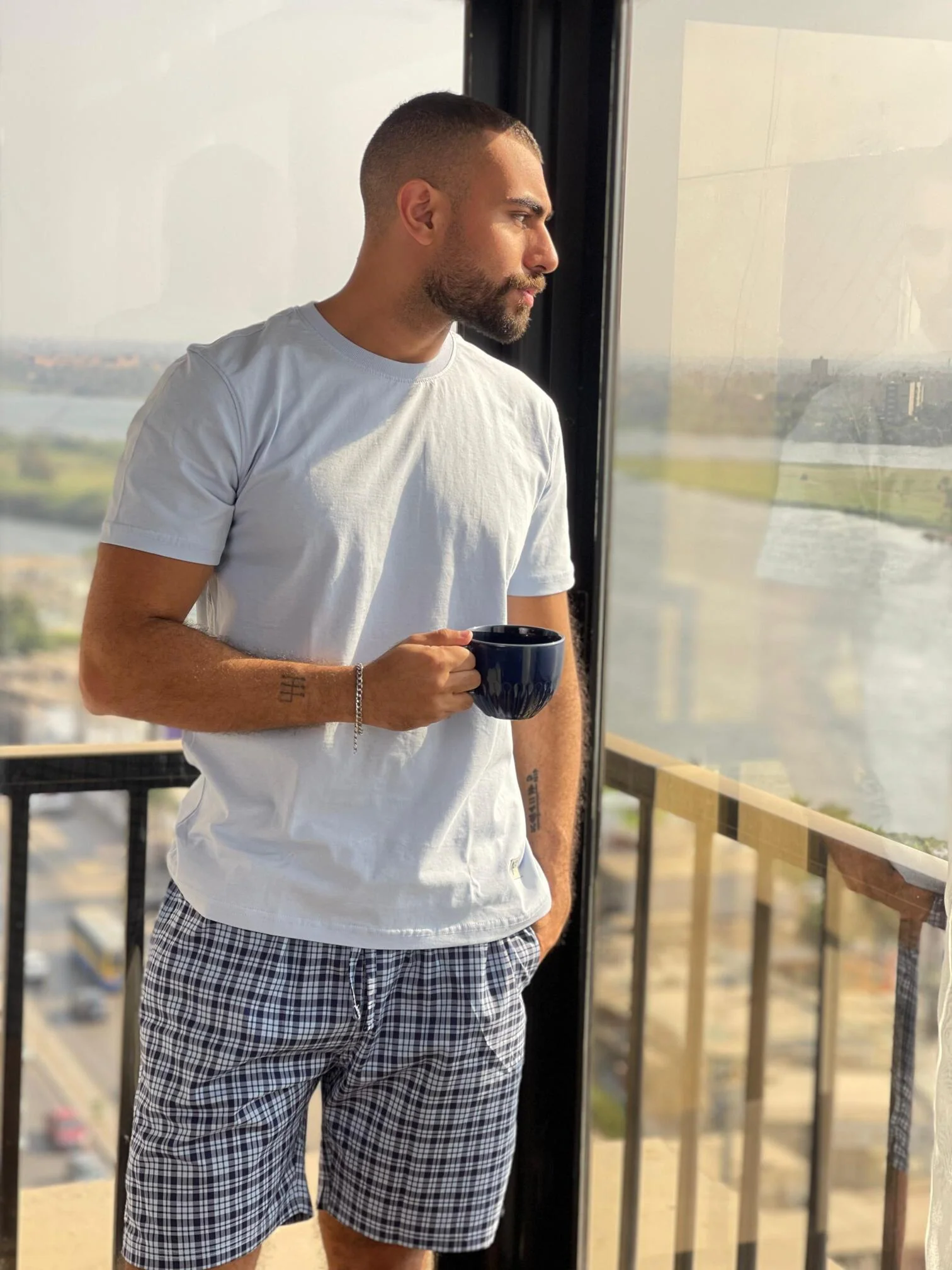Men summer pajama set Light Blue T-shirt + Dark Blue X Light Blue Checkered Short - Image 3