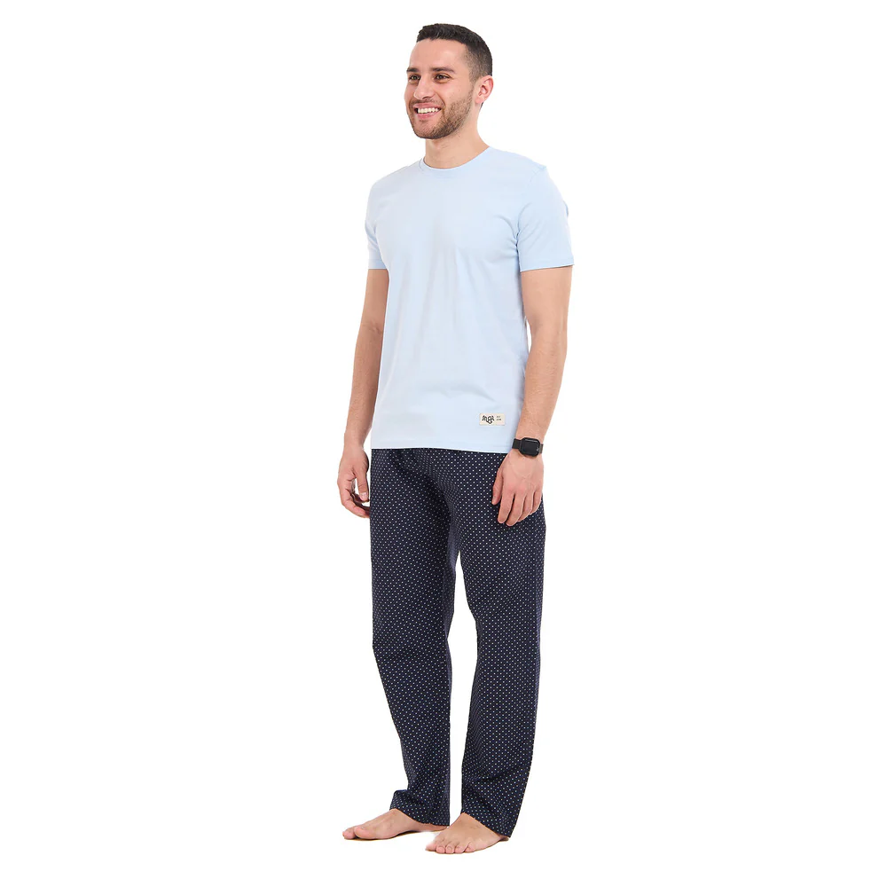 Men summer pajama set Light Blue T-shirt +Dark blue X light grey stars Pants - Image 3