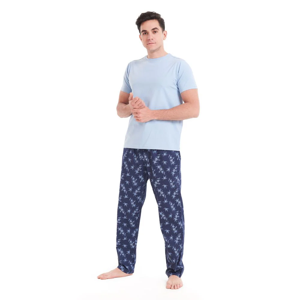 Men summer pajama set Light Blue T-shirt +Light Blue Leaves pants - Image 2