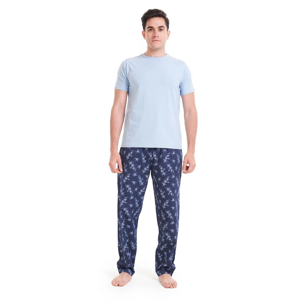 Men summer pajama set Light Blue T-shirt +Light Blue Leaves pants - Image 3