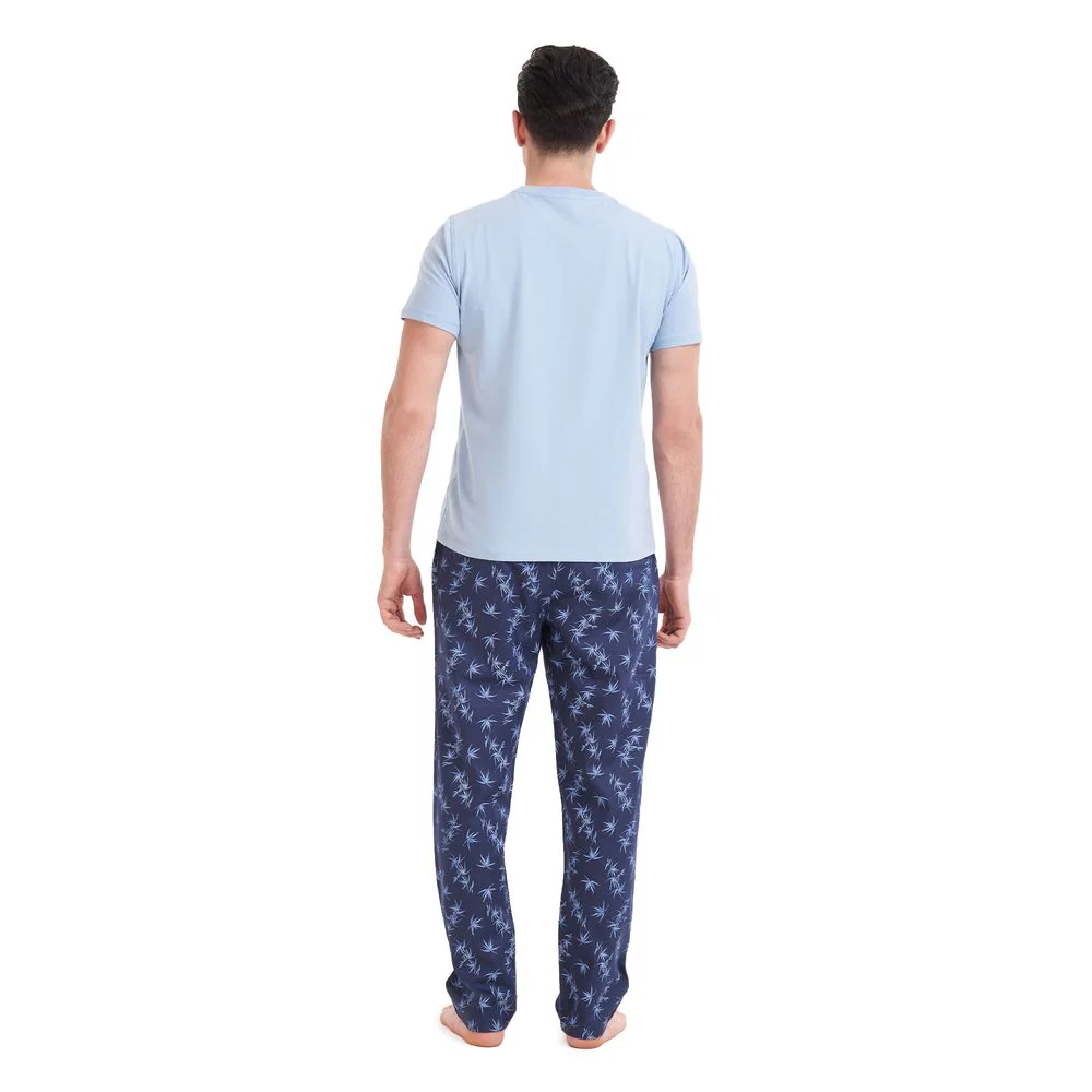 Men summer pajama set Light Blue T-shirt +Light Blue Leaves pants - Image 4