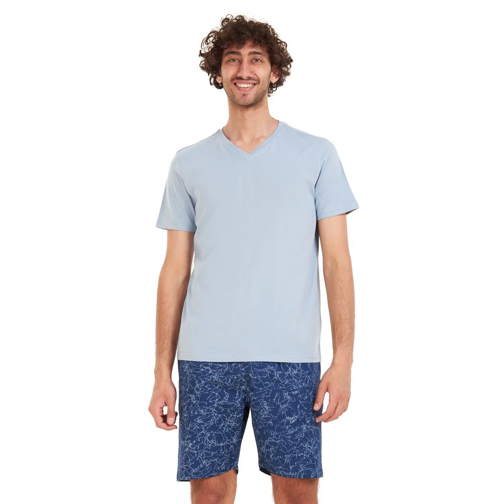 Men summer pajama set Light blue T-shirt + Light blue lines short - Image 2