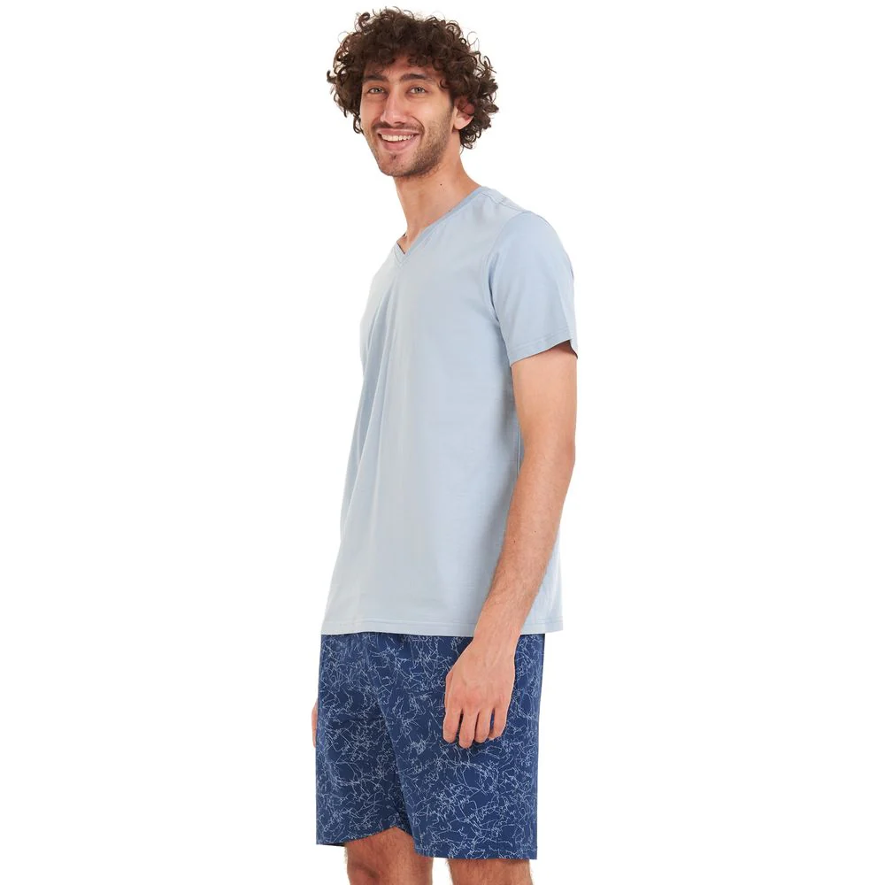 Men summer pajama set Light blue T-shirt + Light blue lines short - Image 3