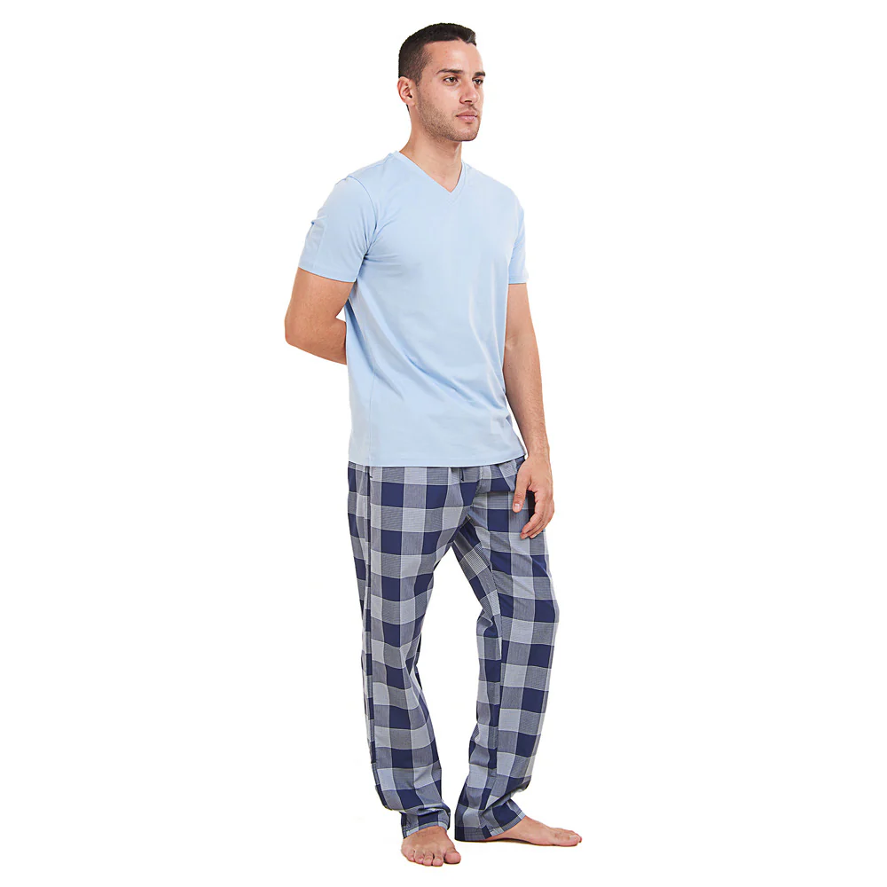 Men summer pajama set Light blue T-shirt + Light blue x Blue Checkered Pants - Image 2