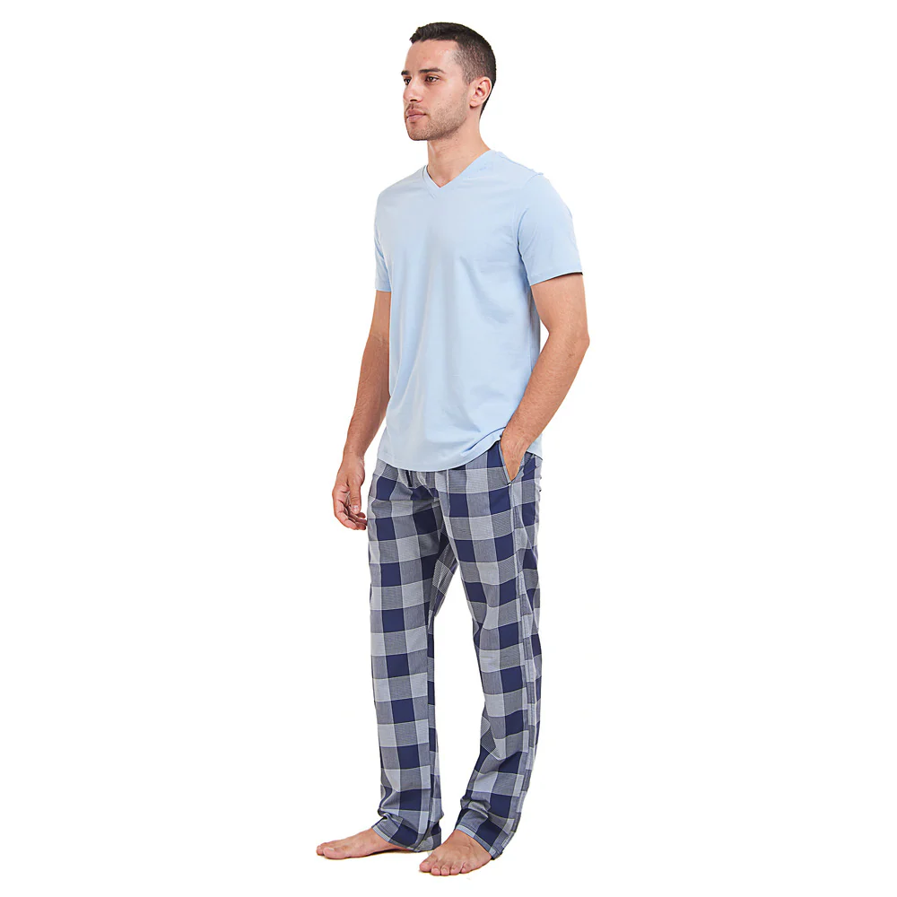 Men summer pajama set Light blue T-shirt + Light blue x Blue Checkered Pants - Image 3