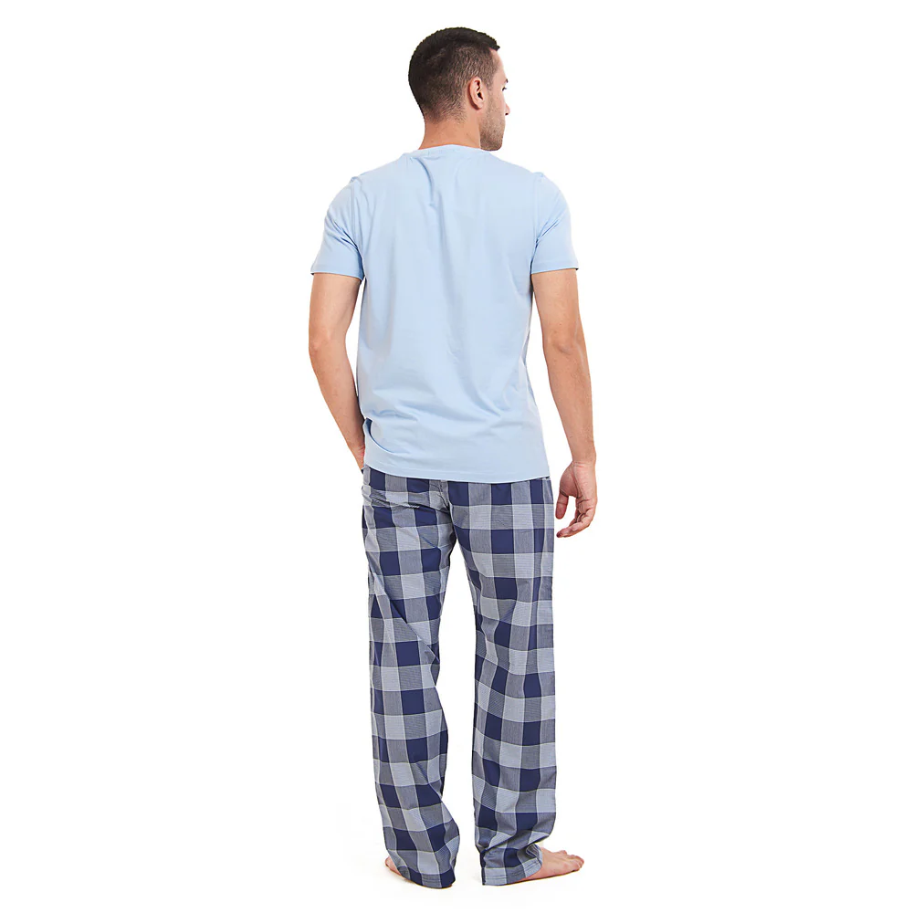Men summer pajama set Light blue T-shirt + Light blue x Blue Checkered Pants - Image 4