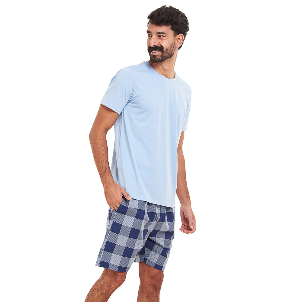 Men summer pajama set Light blue T-shirt + Light blue x Blue Checkered shorts - Image 2