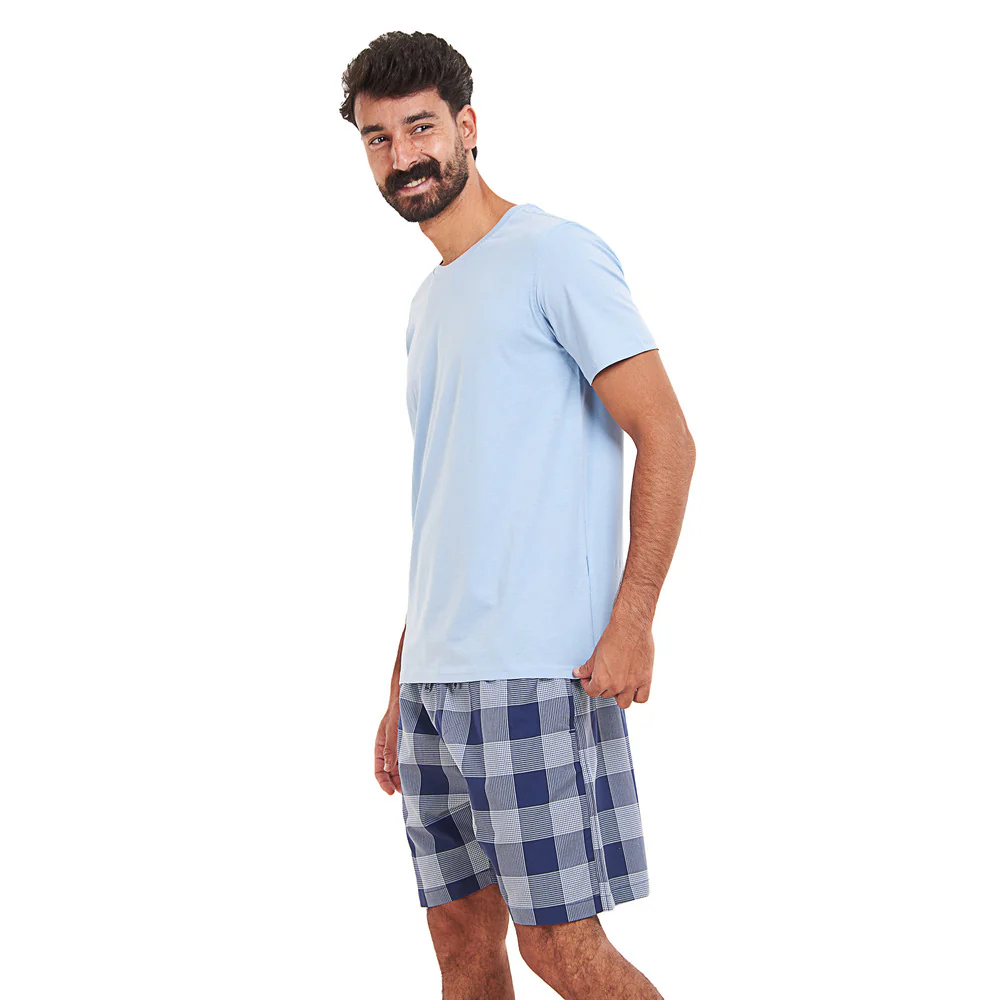 Men summer pajama set Light blue T-shirt + Light blue x Blue Checkered shorts - Image 3
