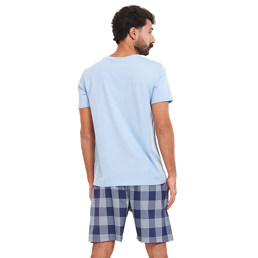Men summer pajama set Light blue T-shirt + Light blue x Blue Checkered shorts - Image 4