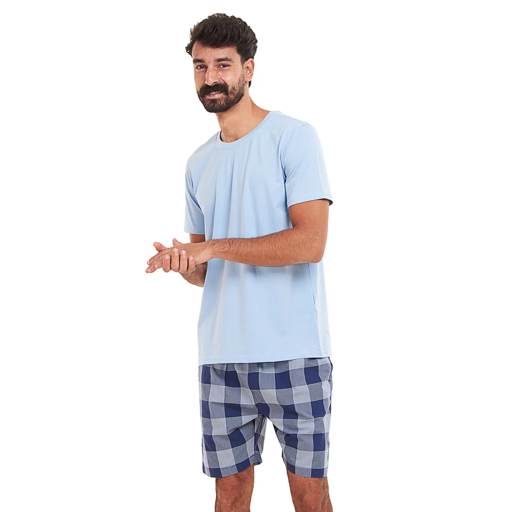 Men summer pajama set Light blue T-shirt + Light blue x Blue Checkered shorts - Image 5