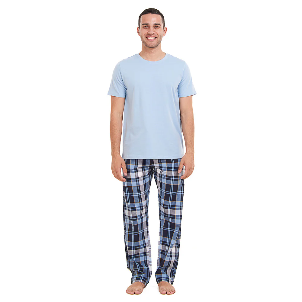 Men summer pajama set Light Blue T-shirt + Light Blue x Dark Blue Checkered Pants - Image 2