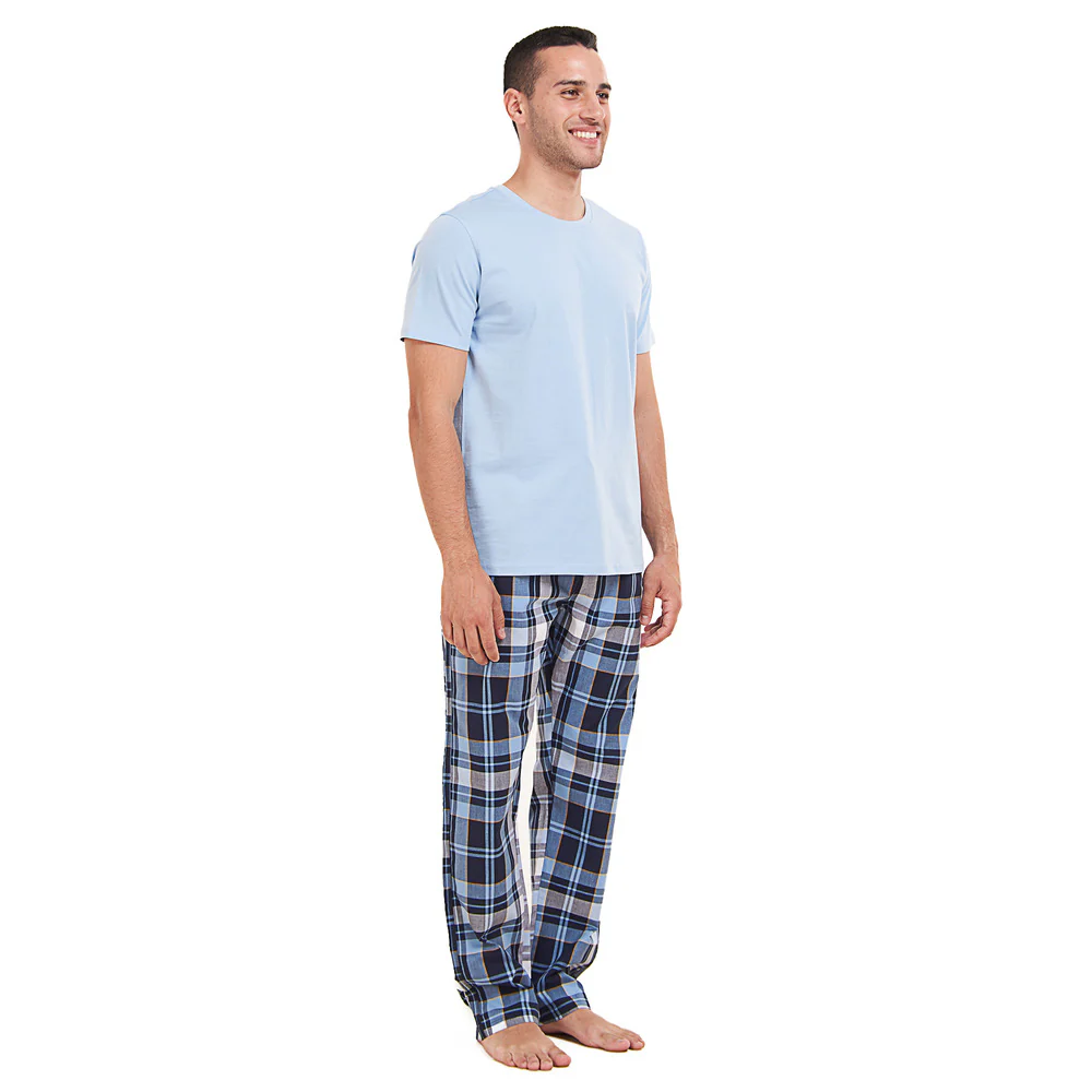 Men summer pajama set Light Blue T-shirt + Light Blue x Dark Blue Checkered Pants - Image 3