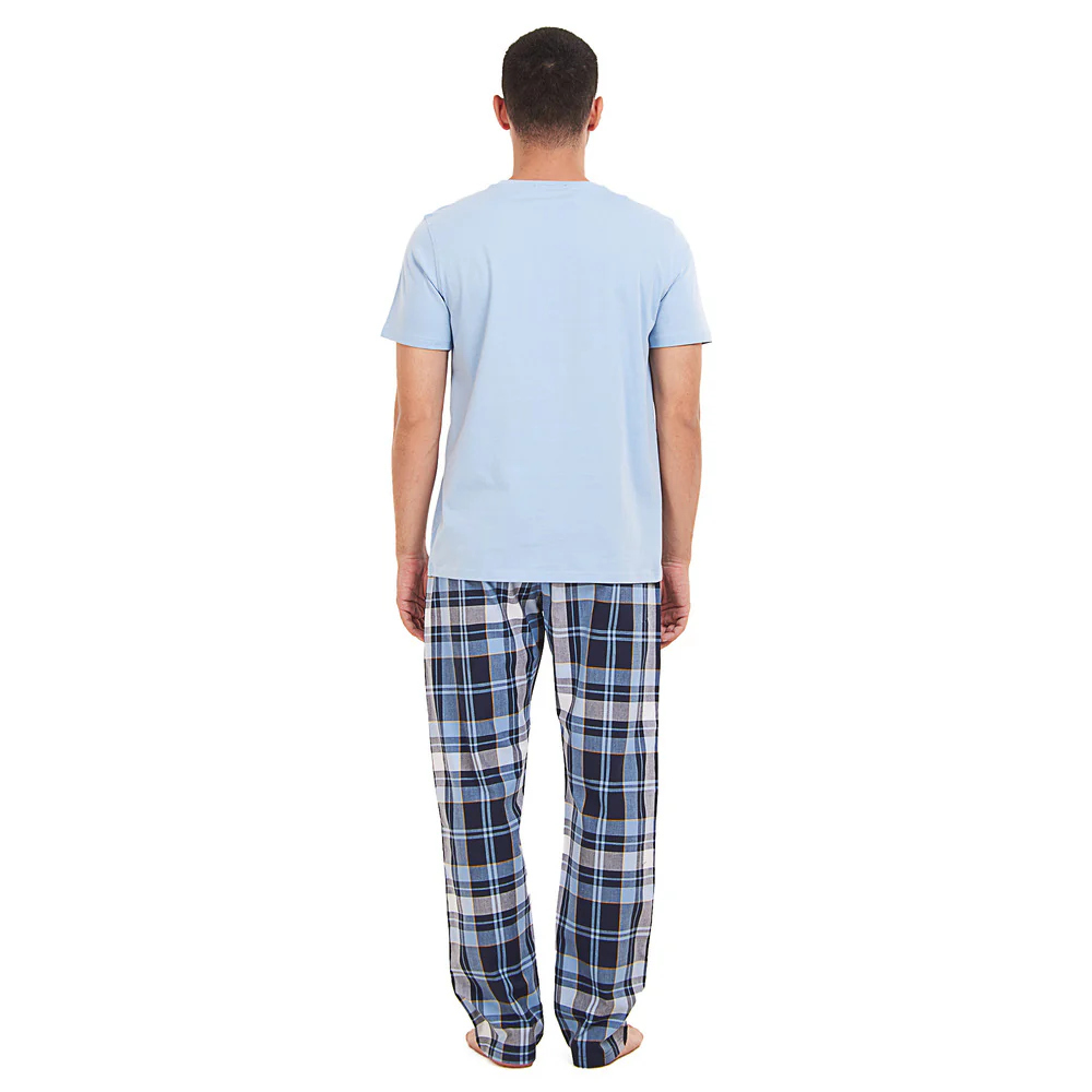 Men summer pajama set Light Blue T-shirt + Light Blue x Dark Blue Checkered Pants - Image 4