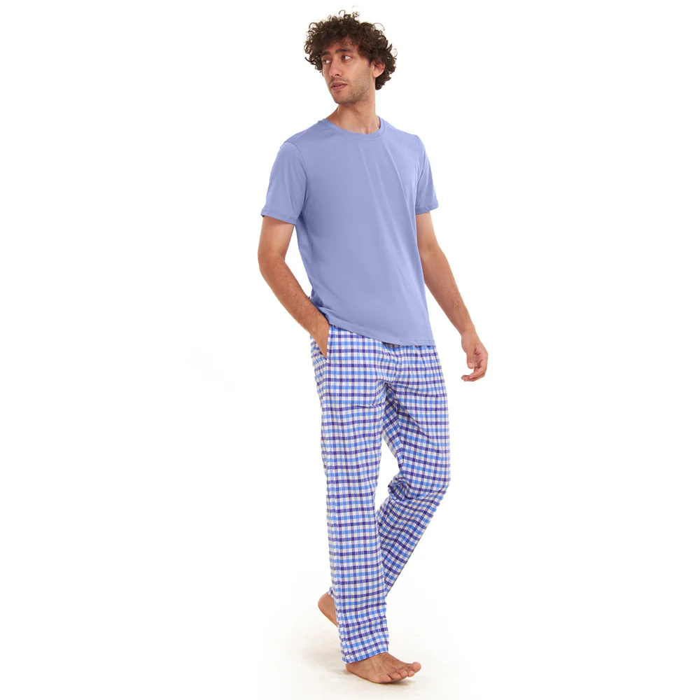 Men summer pajama set  Light BlueT-shirt + light blue x White Checkered Pants - Image 2