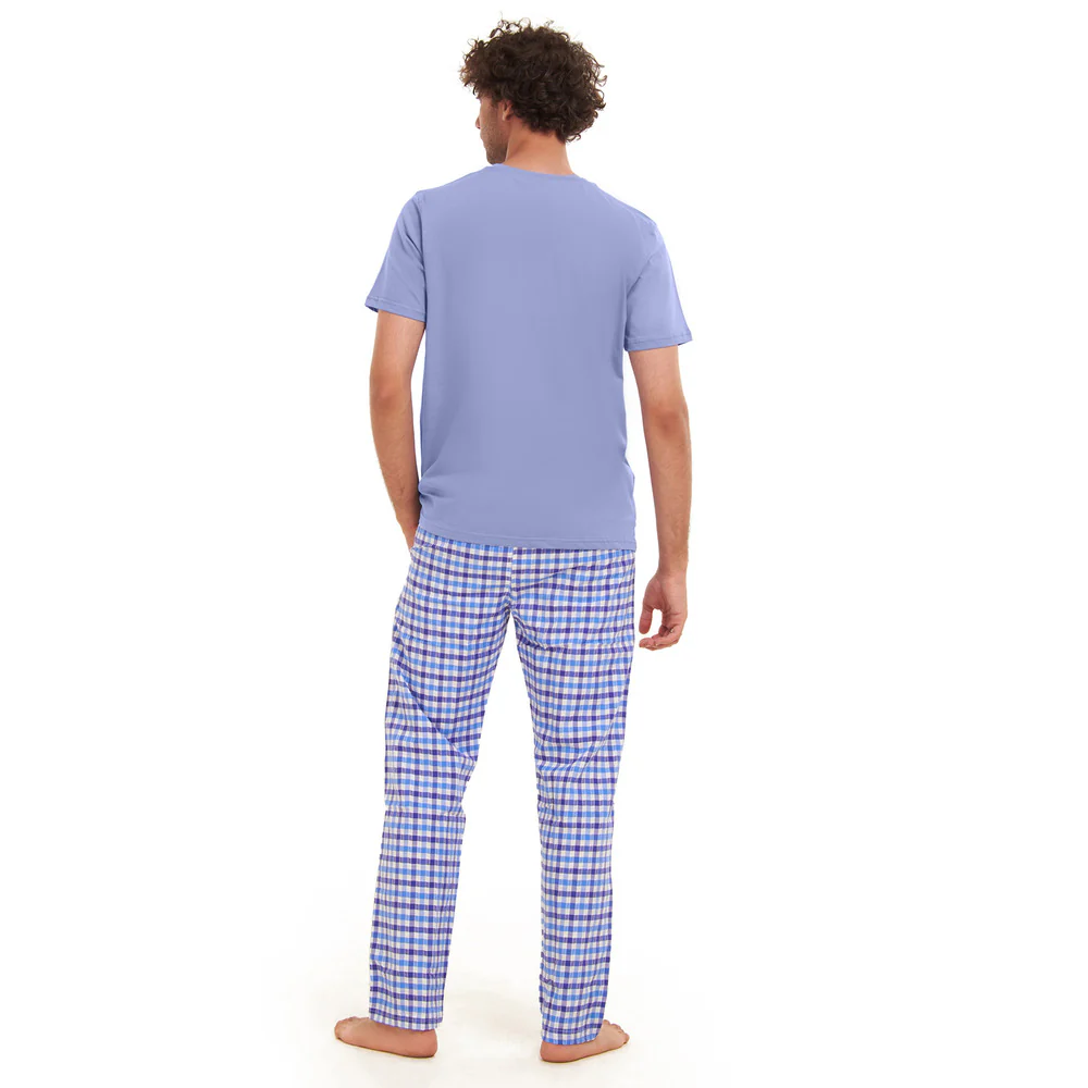 Men summer pajama set  Light BlueT-shirt + light blue x White Checkered Pants - Image 3